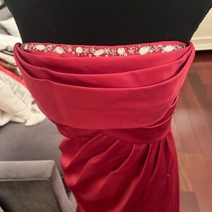 Elegant Red Strapless Evening Dress with Jewel Trim